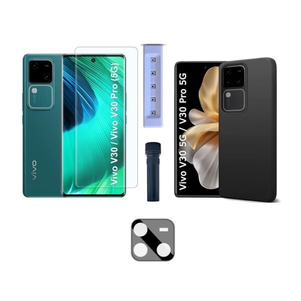 3 in 1 Combo Pack for Vivo V30 / V30 Pro 5G – Silicone Black Cover (Back Cover + Camera Lens Protector + Tempered Glass)