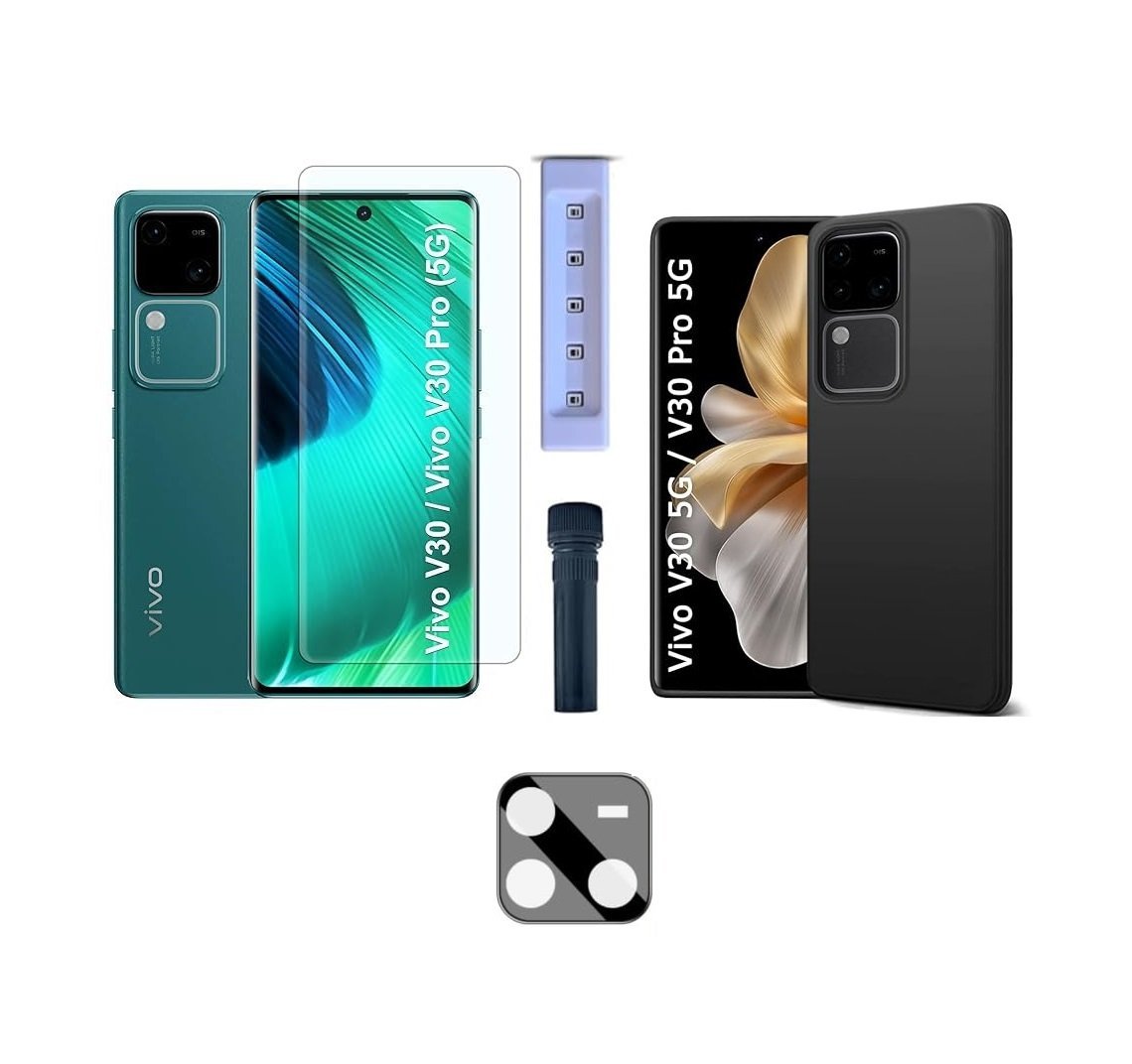 3 in 1 Combo Pack for Vivo V30 / V30 Pro 5G – Silicone Black Cover (Back Cover + Camera Lens Protector + Tempered Glass) 3 in 1 Combo Pack for Vivo V30 / V30 Pro 5G – Silicone Black Cover (Back Cover + Camera Lens Protector + Tempered Glass)