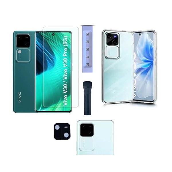 3 in 1 Combo Pack for Vivo V30 5G – Transparent Cover (Back Cover + Camera Lens Protector + Tempered Glass)