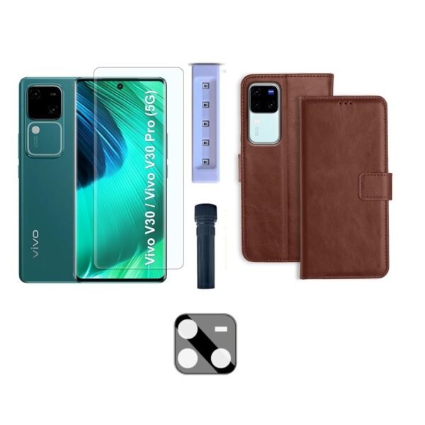 3 in 1 Combo Pack for Vivo V30 Pro 5G – Flip Brown (Back Cover + Camera Lens Protector + Tempered Glass)