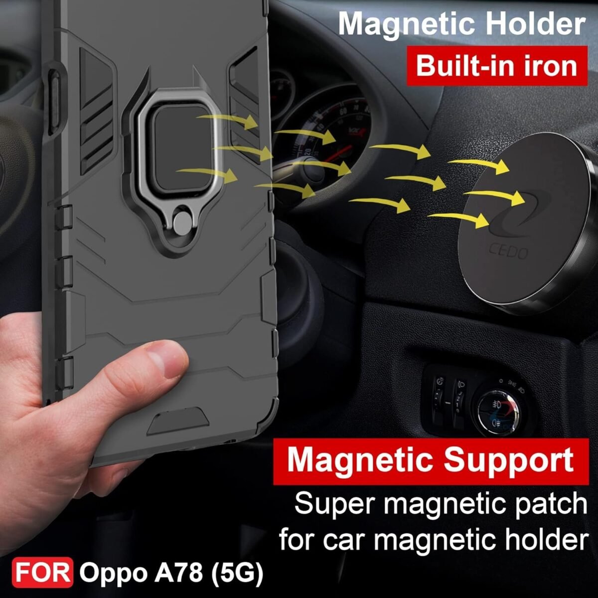Plastic Oppo A78 (5G) Defender Case | Rotating Ring Holder & Kickstand In-Built | Military Grade Armor | Bumper Back Cover