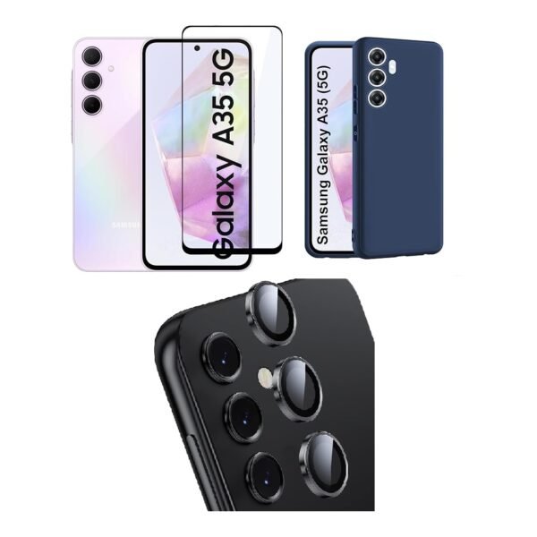 3 in 1 Combo Pack for Samsung Galaxy A35 5G – Silicone Blue Cover (Back Cover + Camera Lens Protector + Tempered Glass)