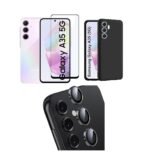3 in 1 Combo Pack for Samsung Galaxy A35 5G – Silicone Black Cover (Back Cover + Camera Lens Protector + Tempered Glass)