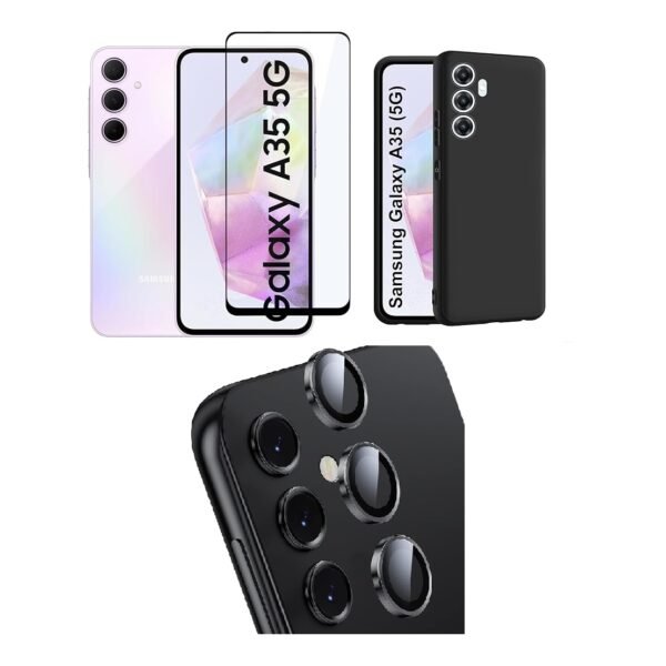 3 in 1 Combo Pack for Samsung Galaxy A35 5G – Silicone Black Cover (Back Cover + Camera Lens Protector + Tempered Glass)