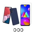 3 in 1 Combo Pack for Samsung Galaxy A13 4G – Silicone Blue Cover (Back Cover + Camera Lens Protector + Tempered Glass)