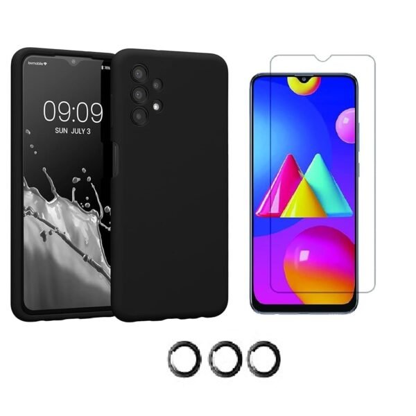 3 in 1 Combo Pack for Samsung Galaxy A13 4G – Silicone Black Cover (Back Cover + Camera Lens Protector + Tempered Glass)