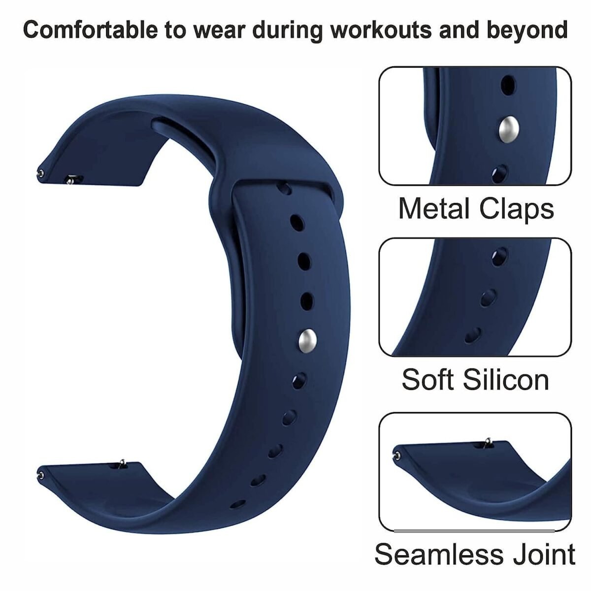 JBJ Soft Silicone 19mm Smartwatch Strap Metal Button Compatible with Noise Colorfit Pro 2/Oxy/Pulse/Beat, Boat Storm Smart