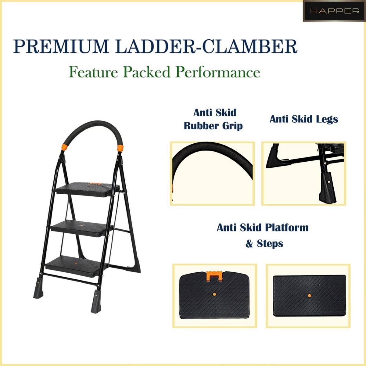 Happer Premium Foldable Step Ladder, Clamber, 3 Steps (Black & Orange)
