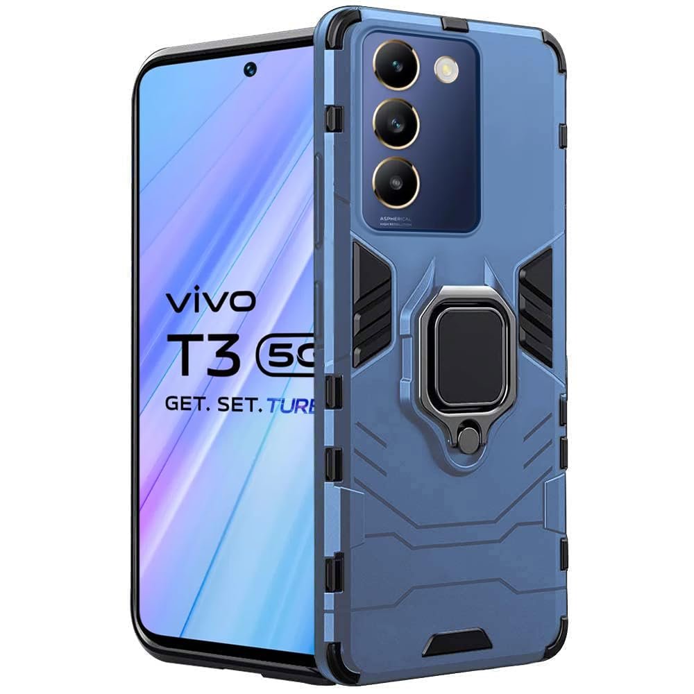 Armor Bumper Back Case Cover for Vivo Y200e 5G T3 5G | Ring Holder & Kickstand in-Built | 360 Degree Protection Back Case Cover (PC & TPU, Greyish Blue)