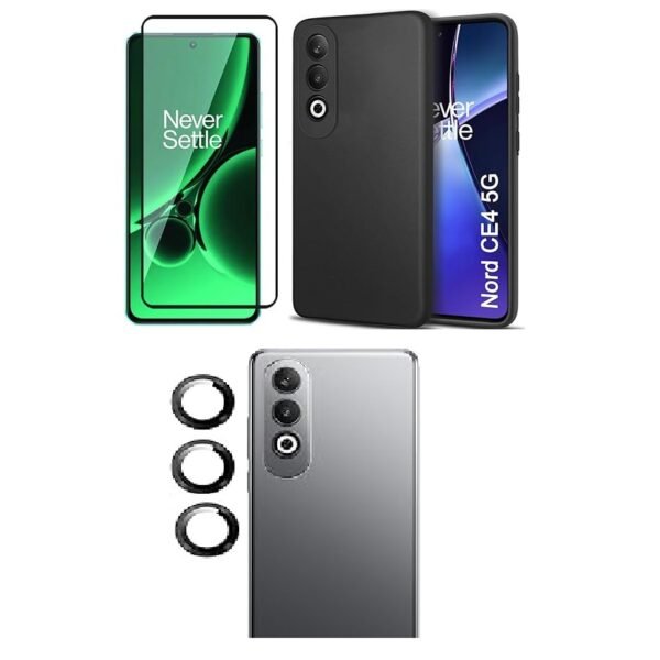 3 in 1 Combo Pack for OnePlus Nord CE 4 5G – Silicone Black (Back Cover + Camera Lens Protector + Tempered Glass)