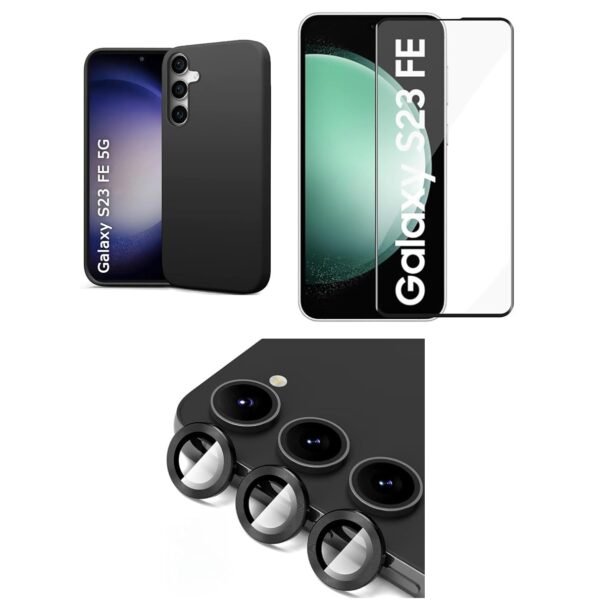 3 in 1 Combo Pack for Samsung Galaxy S23 FE 5G – Silicone Black Cover (Back Cover + Camera Lens Protector + Tempered Glass)