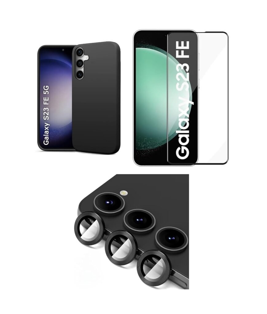 3 in 1 Combo Pack for Samsung Galaxy S23 FE 5G – Silicone Black Cover (Back Cover + Camera Lens Protector + Tempered Glass)