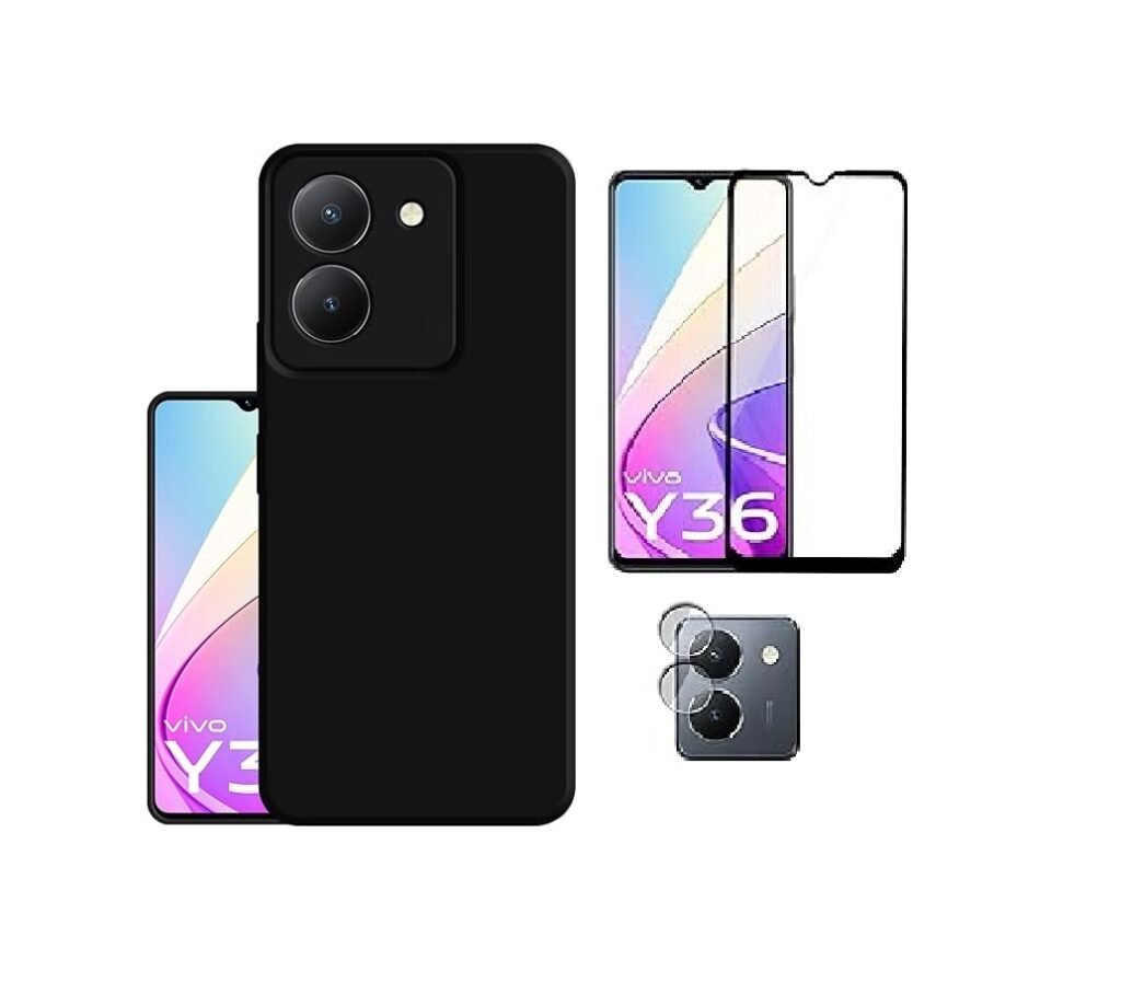 3-in-1 Protective Pack Vivo Y36 4G (Black) Back Case with Camera Protection + Tempered Glass + Lens Guard