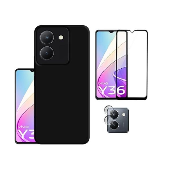 3-in-1 Protective Pack Vivo Y36 4G (Black) Back Case with Camera Protection + Tempered Glass + Lens Guard