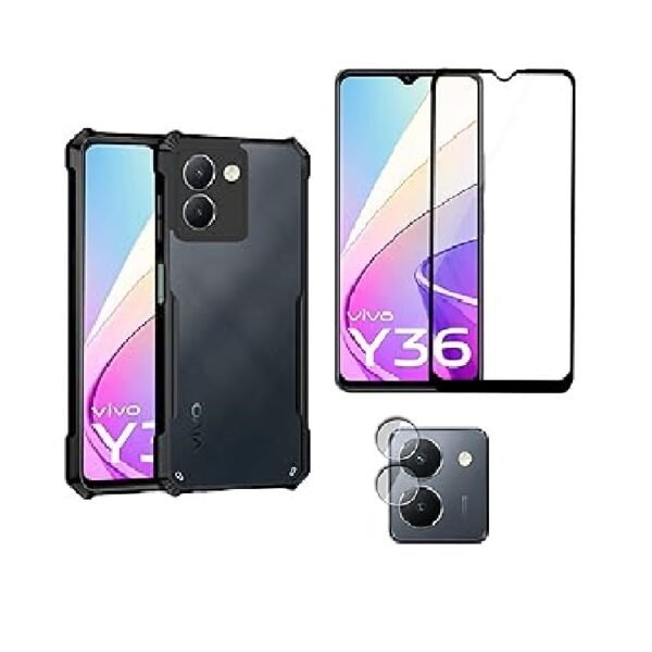 3-in-1 combo Pack Vivo Y36 4G Clear Eagle Back Cover with Shockproof Bumper-Edge + HD Tempered Glass & Camera Lens Guard |