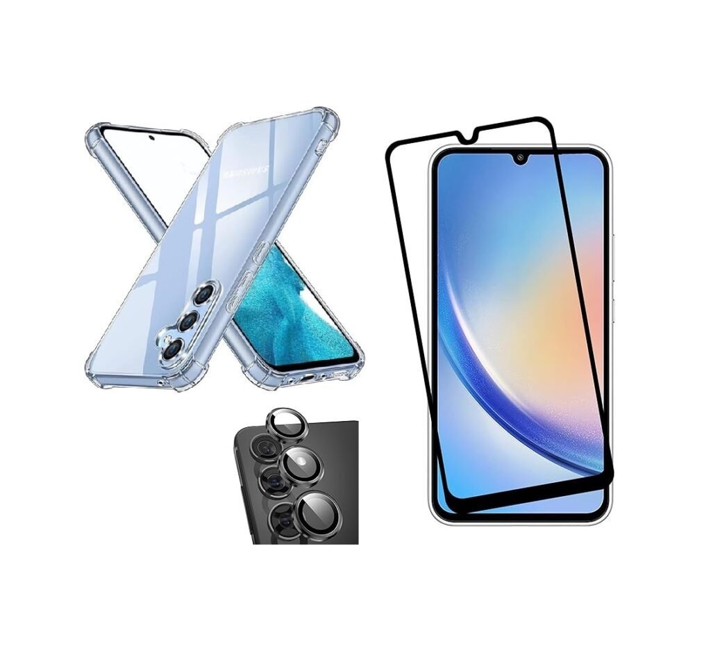 3 in 1 Combo Pack for Samsung Galaxy A24 4G – Transparent Cover (Back Cover + Camera Lens Protector + Tempered Glass)