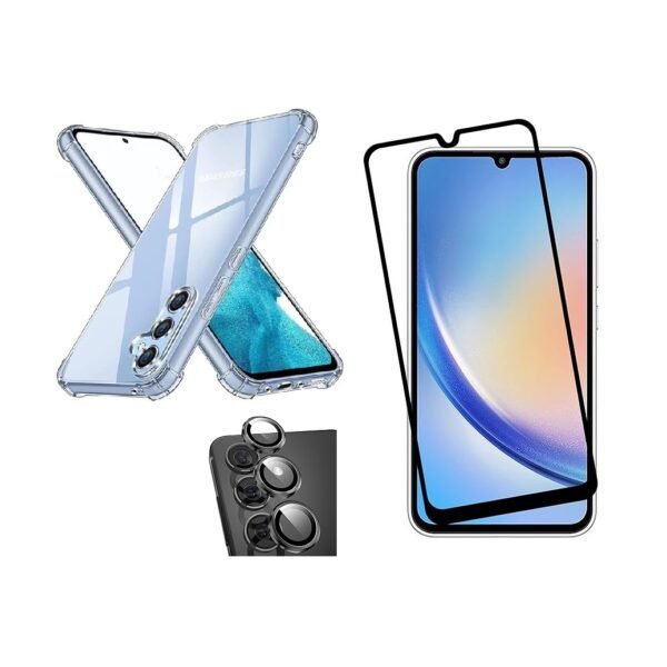 3 in 1 Combo Pack for Samsung Galaxy A24 4G – Transparent Cover (Back Cover + Camera Lens Protector + Tempered Glass)