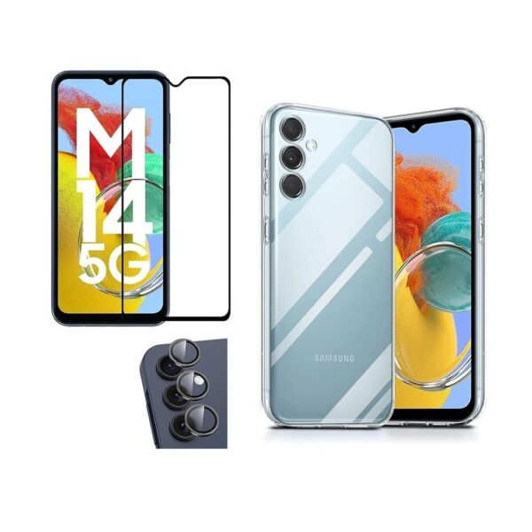 3 in 1 Combo Pack for Samsung Galaxy M14 5G – Transparent Cover (Back Cover + Camera Lens Protector + Tempered Glass)