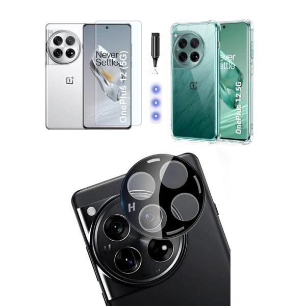3 in 1 Combo Pack for OnePlus 12 5G – Transparent Cover (Back Cover + Camera Lens Protector + Tempered Glass)