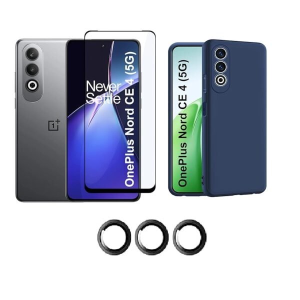 3 in 1 Combo Pack for OnePlus Nord CE 4 – Silicone Blue Cover (Back Cover + Camera Lens Protector + Tempered Glass)