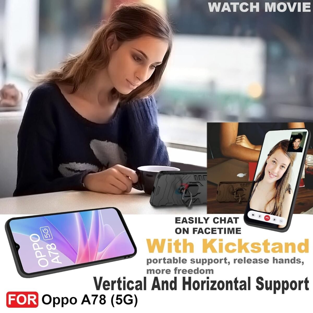 Plastic Oppo A78 (5G) Defender Case | Rotating Ring Holder & Kickstand In-Built | Military Grade Armor | Bumper Back Cover