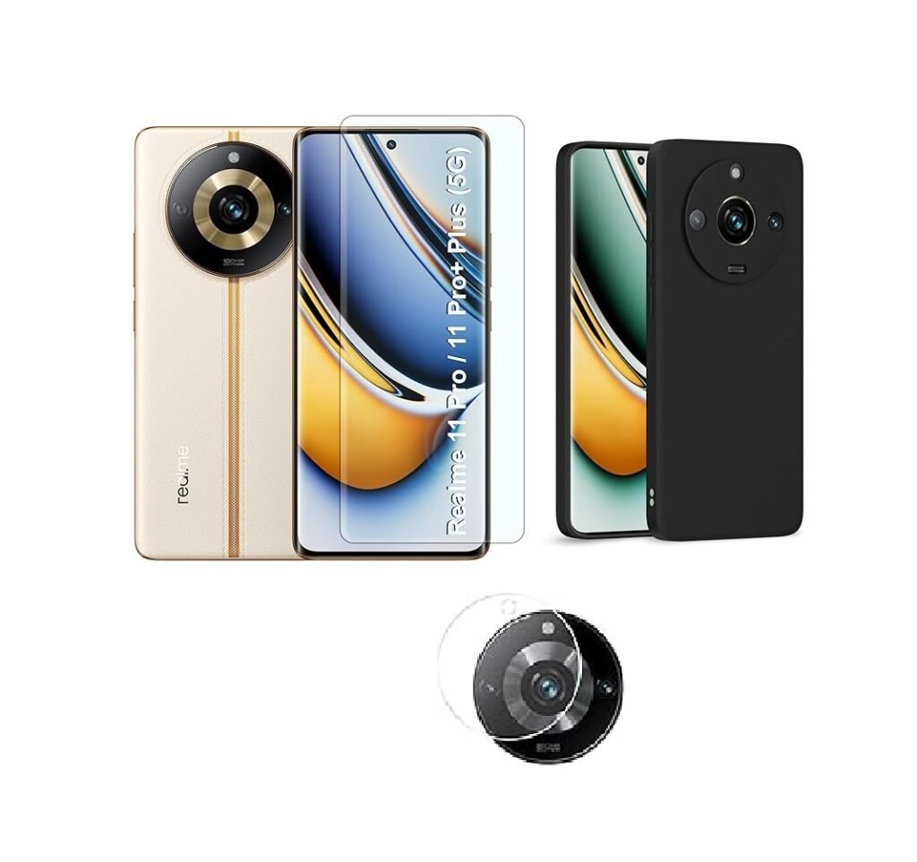 3 in 1 Combo Pack for Realme 11 Pro 5G – Silicone Black (Back Cover + Camera Lens Protector + Tempered Glass)