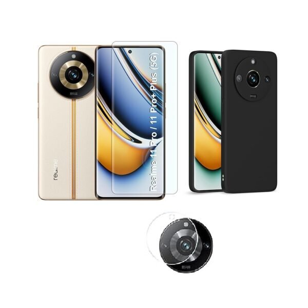 3 in 1 Combo Pack for Realme 11 Pro 5G – Silicone Black (Back Cover + Camera Lens Protector + Tempered Glass)