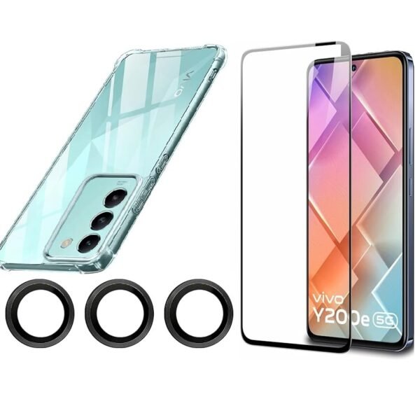 Vivo Y200e 5G Transparent Back Cover | Raised Camera & Screen Protection | Shockproof Clear Case + Tempered Glass + Camera Lens Protector Combo