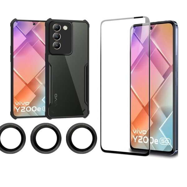 Combo Vivo Y200e 5G / Vivo T3 5G Protection | Hard Hybrid PC + TPU Armour Case (Transparent Black) + Tempered Glass + Camera Lens Protector