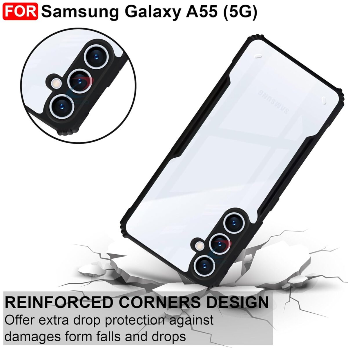 Samsung Galaxy A55 (5G) Cover | Camera Protection Shockproof Bumper-Edge | Transparent Eagle Back Case Cover (Black)