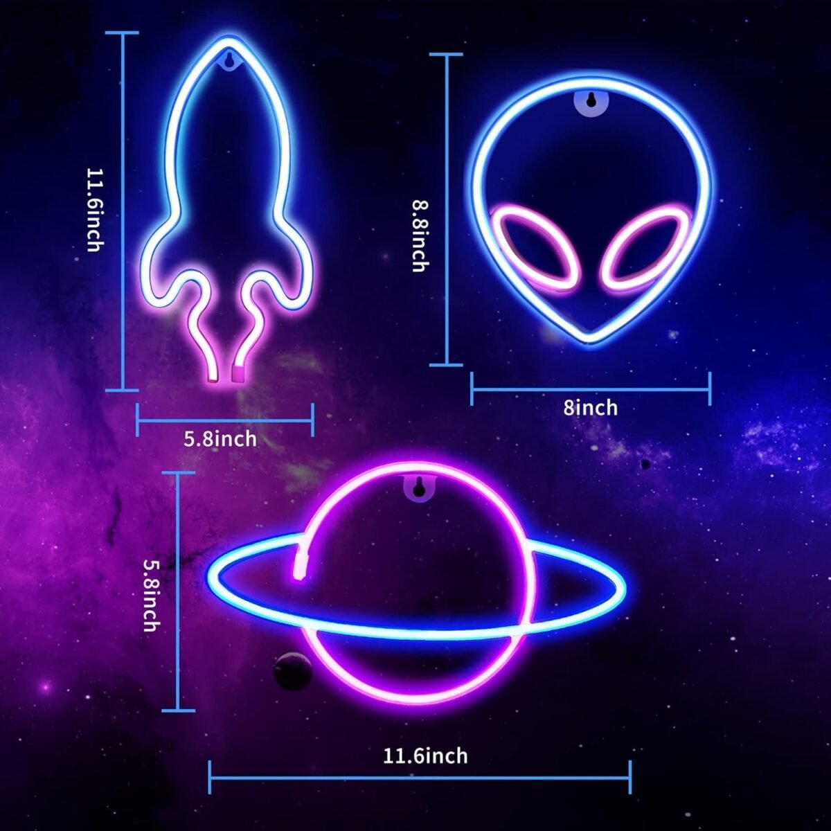 OMI Neon Signs for Wall Decor, 3PCS LED Neon Lights for Bedroom,USB or Battery Powered Light Up Space Element Alien Planet Rocket