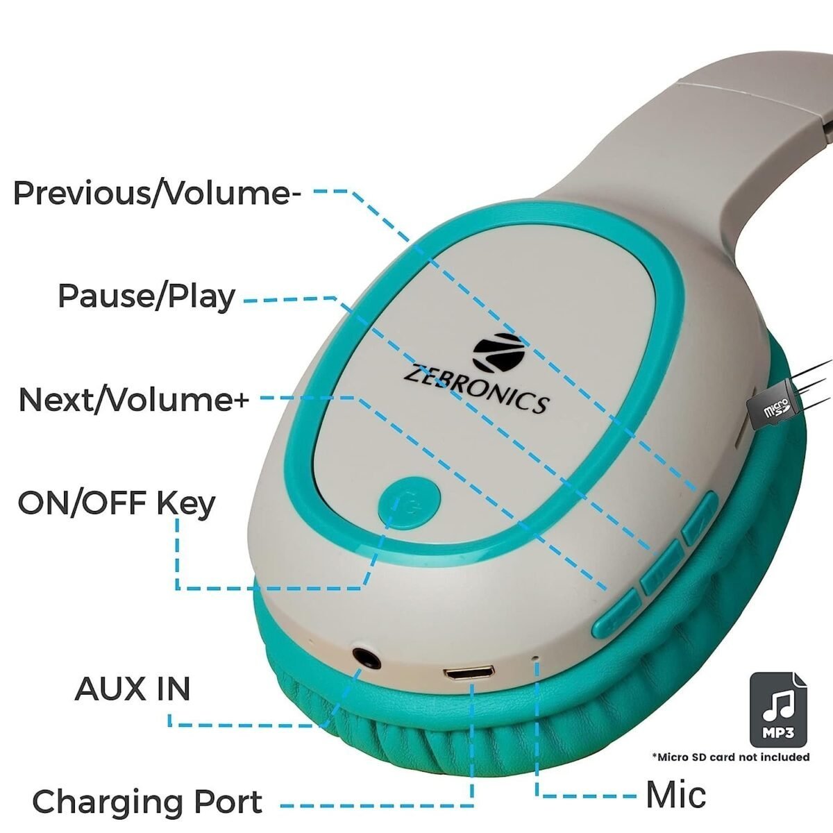 ZEBRONICS Zeb-Thunder Wireless Over Ear BT Headphone Comes with mic, 40mm Drivers, AUX Connectivity, Built in FM, Call Function,