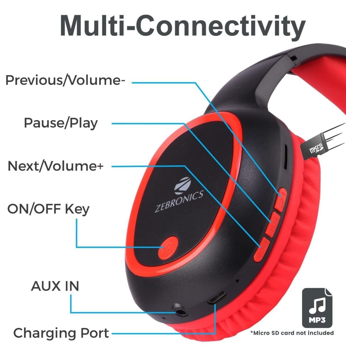 ZEBRONICS Zeb-Thunder Wireless Bluetooth Over The Ear Headphone FM, mSD, 9 hrs Playback with Mic (Red)