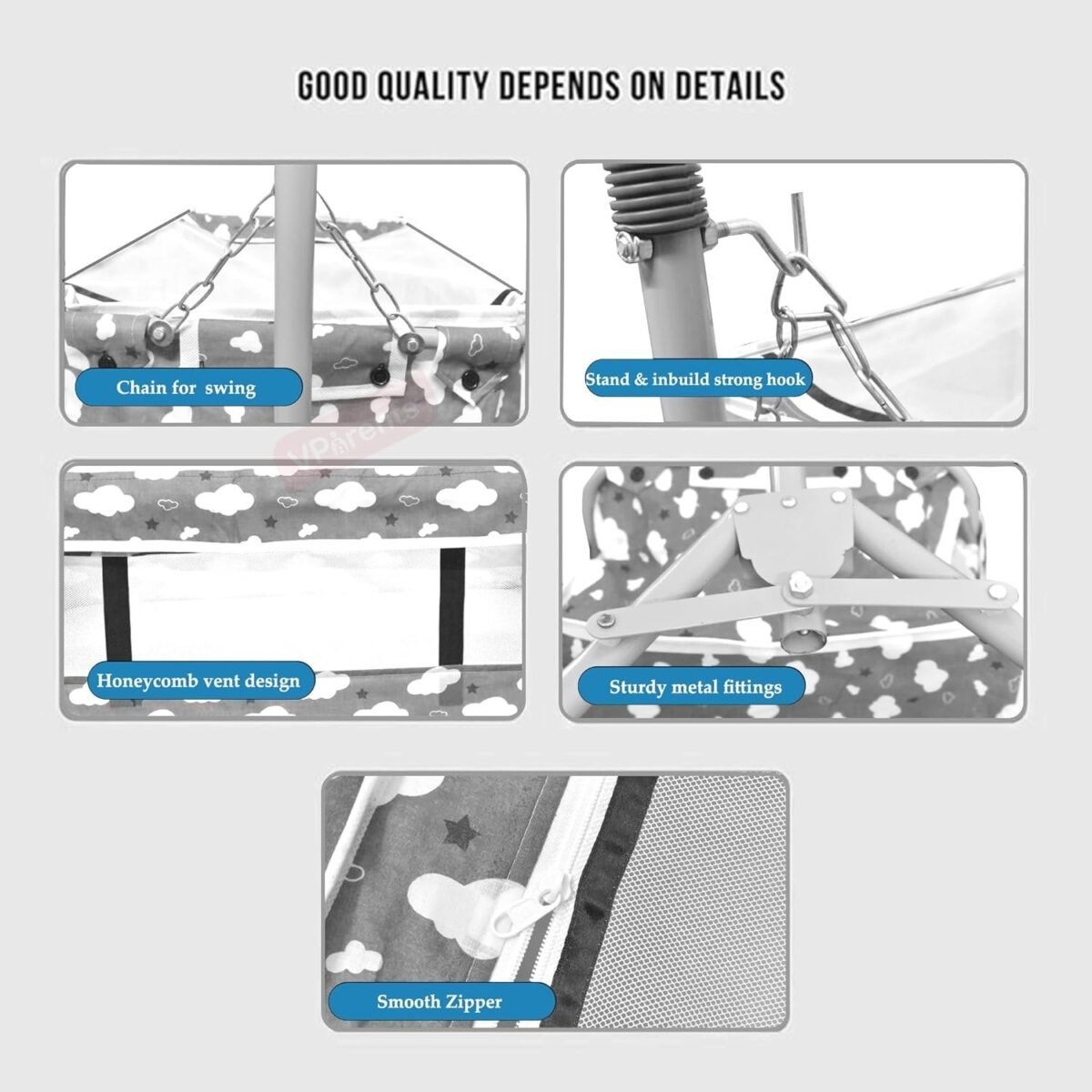 New Born Baby Crib Bassinet cot Swing Cradle Jhula Palna (Grey)
