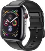 Priefy Sweatproof Leather Silicone Rubber Sports Replacement Straps With Metal Buckle Clasp Compatible With Apple Watch Strap
