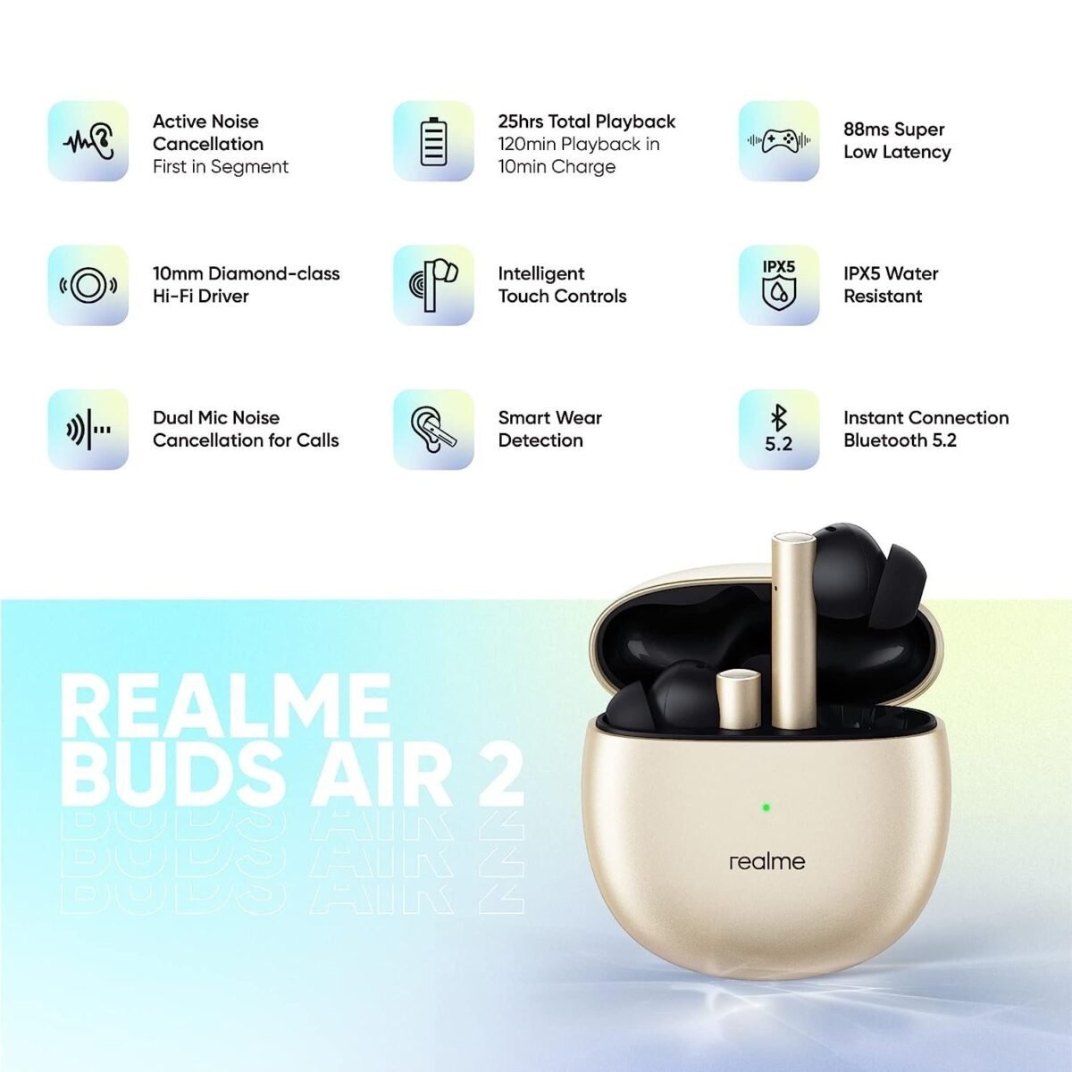 Realme Buds Air 2 True Wireless in Ear Earbuds with Active Noise Cancellation (ANC), Super Low Latency Gaming Mode, Smart Wear