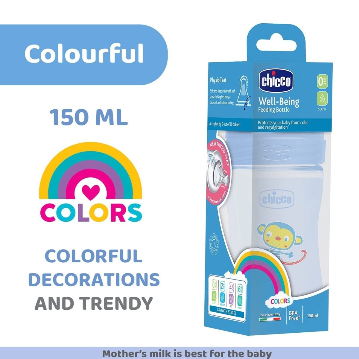 Chicco Well-Being Baby Coloured Feeding Bottle, Advanced Anti-Colic System, BPA Free, Hygienic Silicone Teat, Milk Bottle for