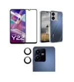 Combo pack for Back Cover Case for VIVO Y22 Transparent case| Camera Lens Protector & Tempered Screen Glass.
