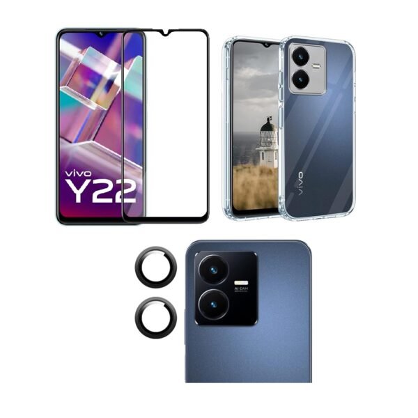 Combo pack for Back Cover Case for VIVO Y22 Transparent case| Camera Lens Protector & Tempered Screen Glass.