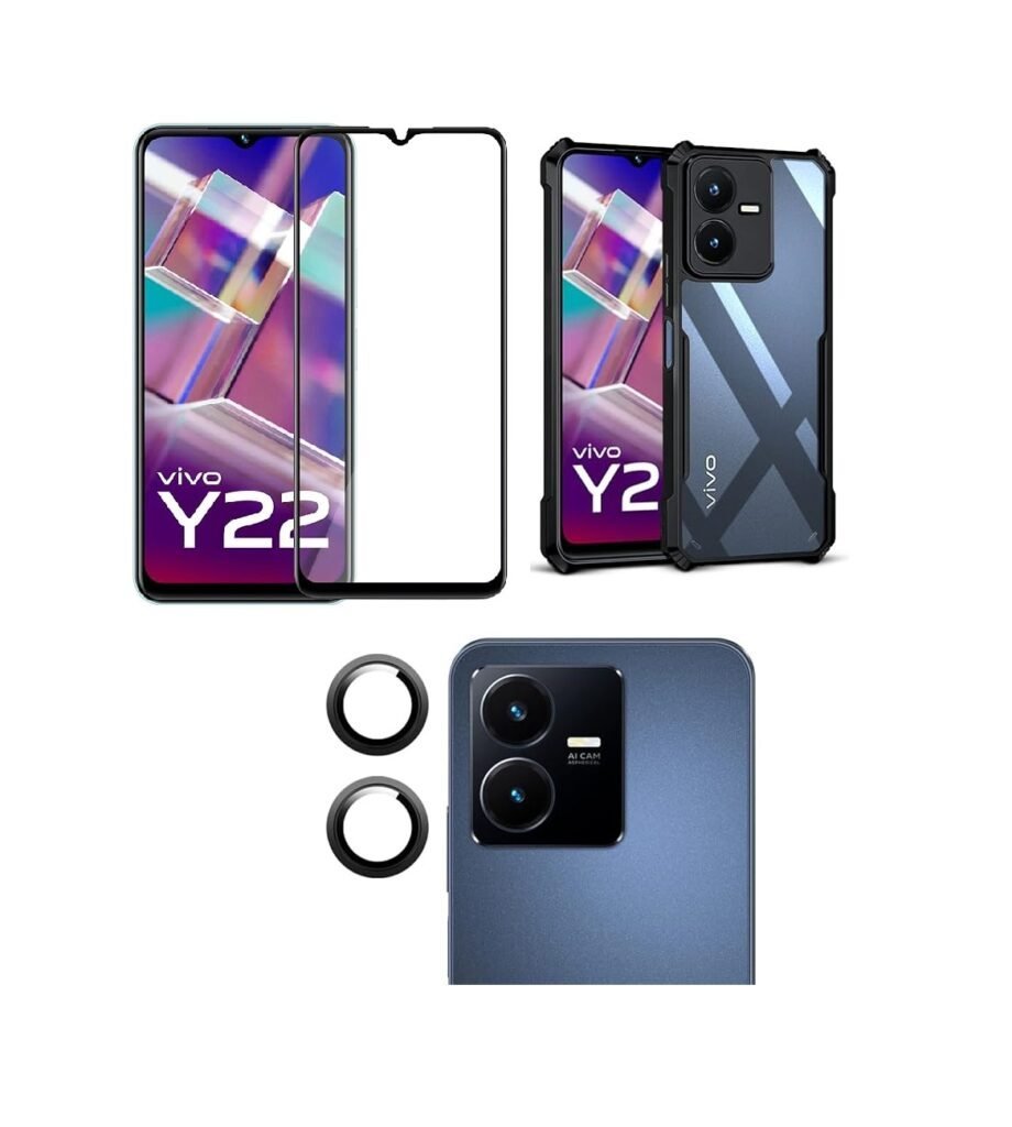 Combo pack for Back Cover Case for VIVO Y22 Eagle case| Camera Lens Protector & Tempered Screen Glass.