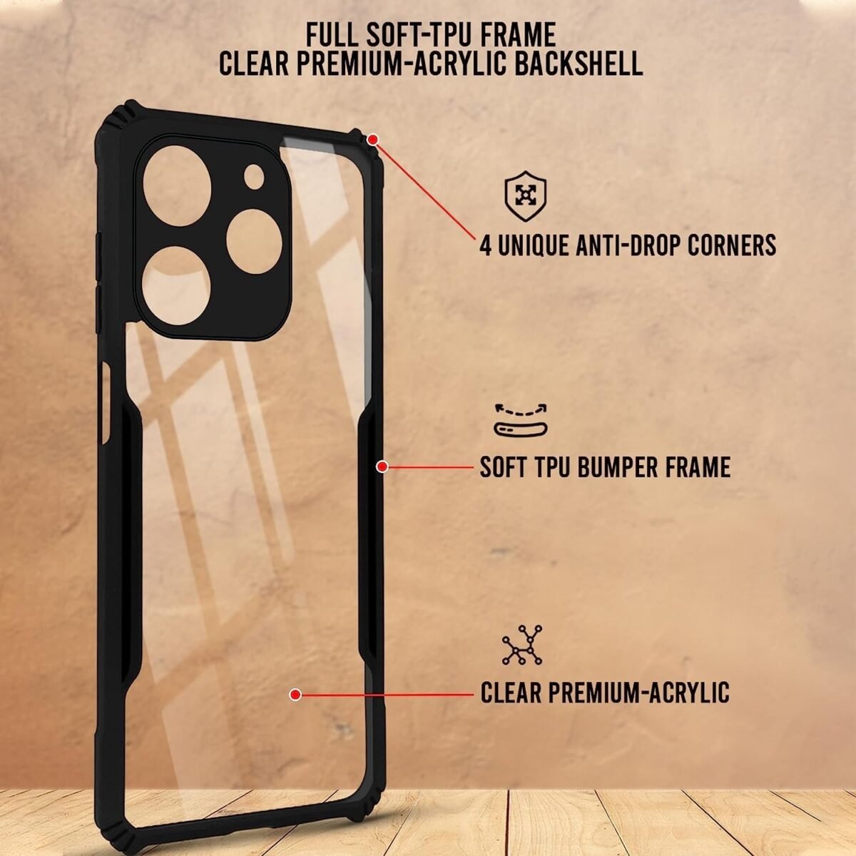 Back Cover Case for Tecno Spark 10 Pro (Shockproof with Polycarbonate Clear Panel | Professional Black) -Eagle