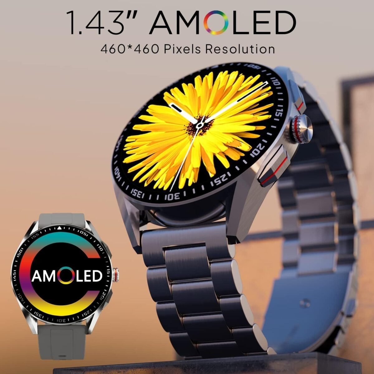 Fire-Boltt Invincible Plus 1.43" AMOLED Display Smartwatch with Bluetooth Calling, TWS Connection, 300+ Sports Modes, 110 Gold black