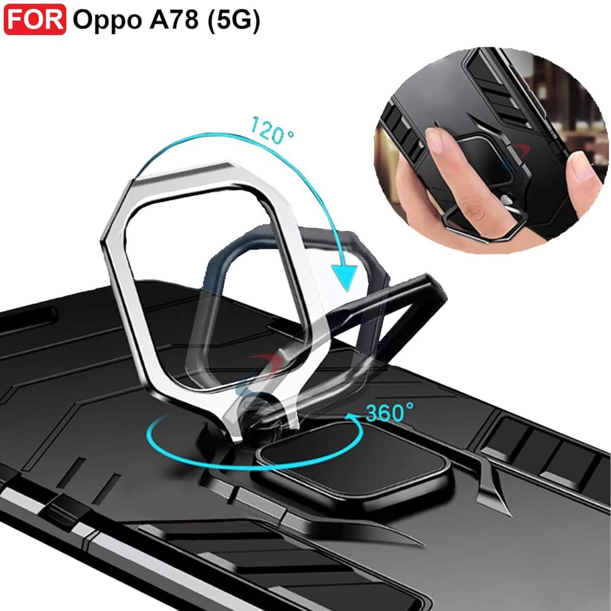 Plastic Oppo A78 (5G) Defender Case | Rotating Ring Holder & Kickstand In-Built | Military Grade Armor | Bumper Back Cover