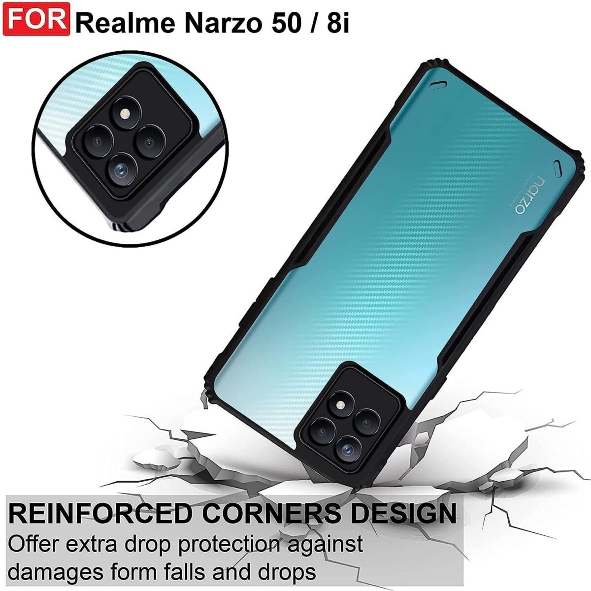 Back Case Cover for Realme Narzo 50 4G / Realme 8i Back Case Cover | Clear Case with Camera Protection | (TPU + PC | Matte Black) Eagle