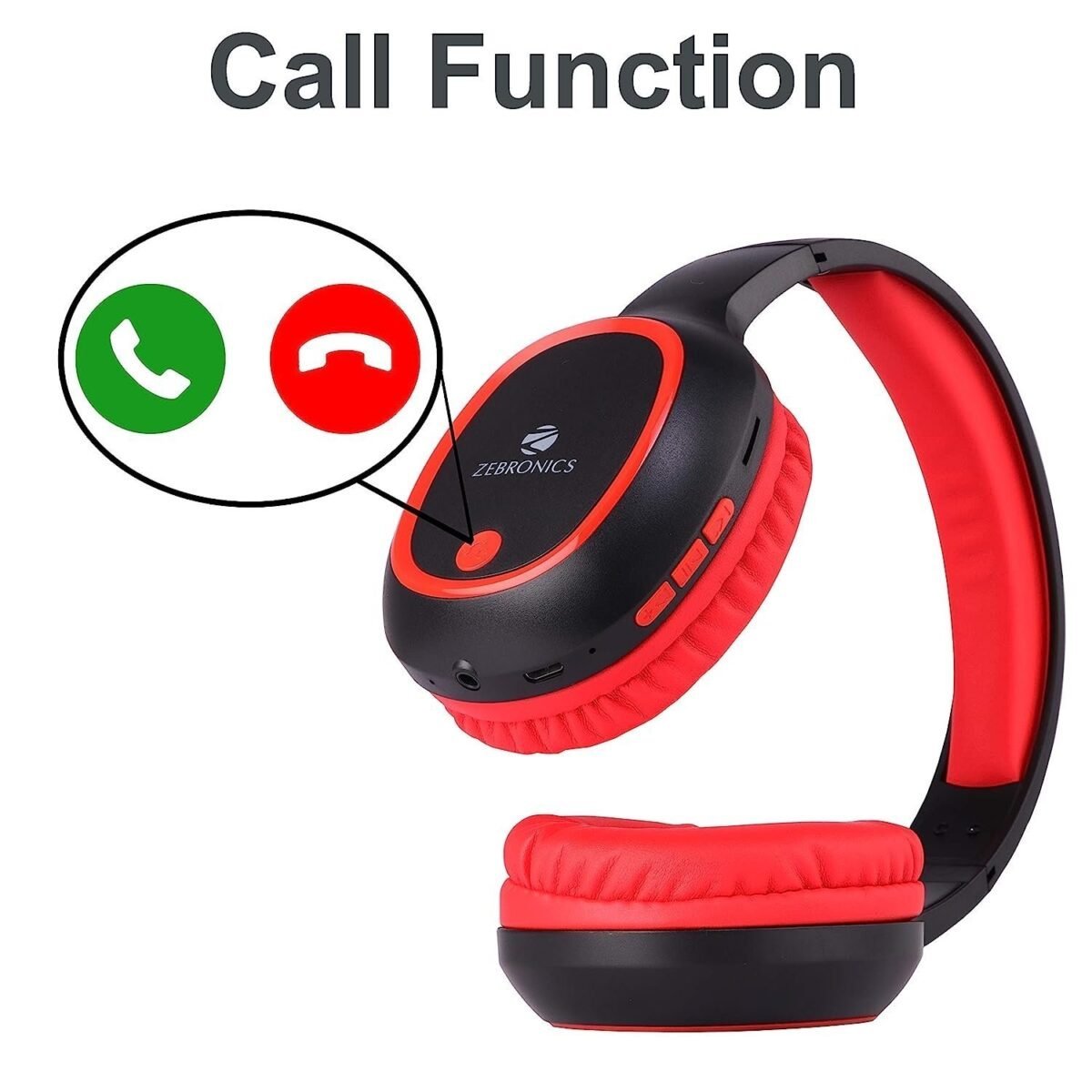 ZEBRONICS Zeb-Thunder Wireless Bluetooth Over The Ear Headphone FM, mSD, 9 hrs Playback with Mic (Red)