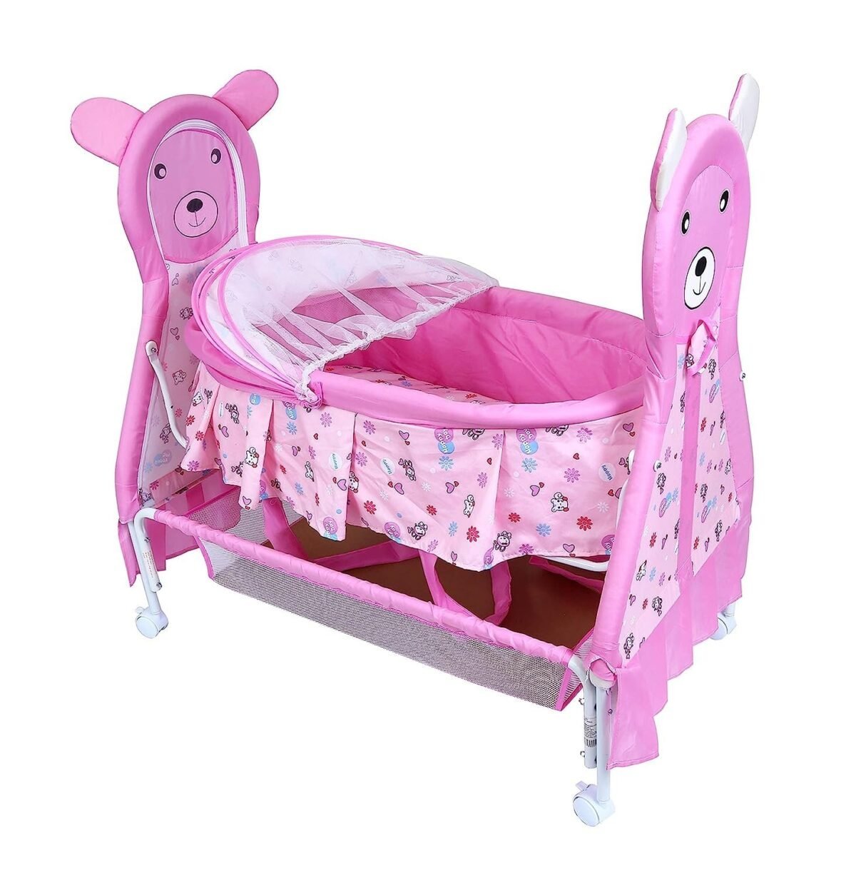 Baby love Cradle with Swing, Mosquito Net and Storage Basket (Pink)