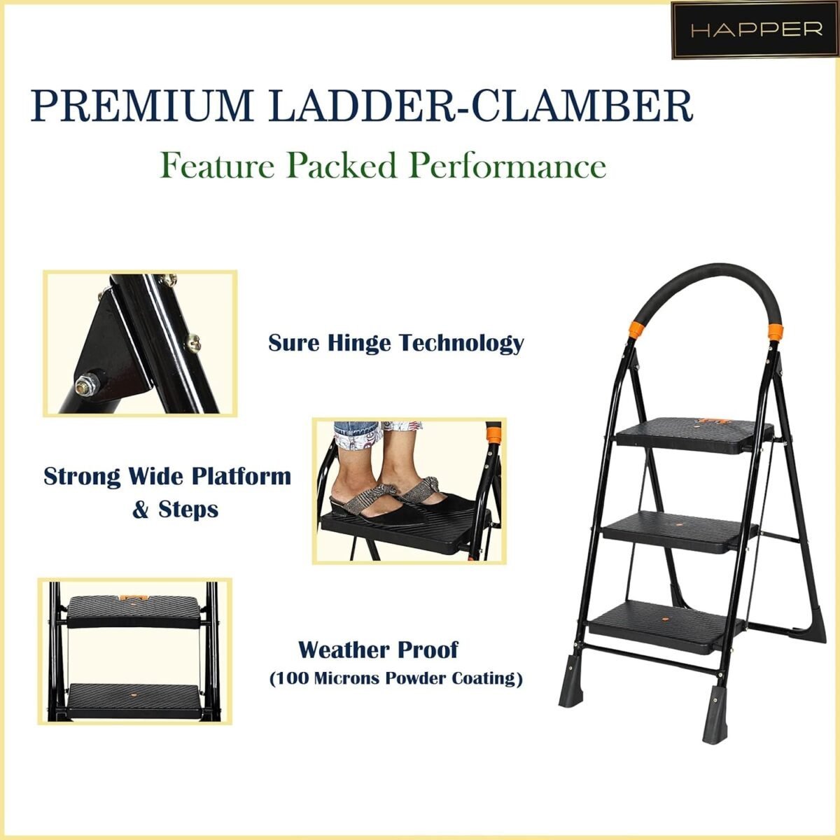 Happer Premium Foldable Step Ladder, Clamber, 3 Steps (Black & Orange)