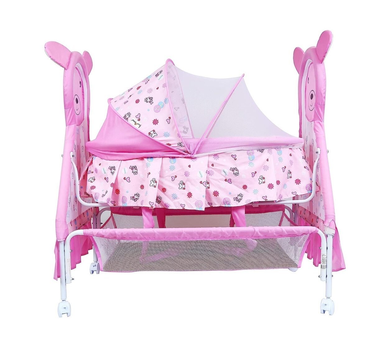 Baby love Cradle with Swing, Mosquito Net and Storage Basket (Pink)