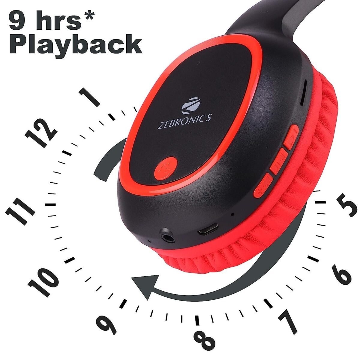 ZEBRONICS Zeb-Thunder Wireless Bluetooth Over The Ear Headphone FM, mSD, 9 hrs Playback with Mic (Red)