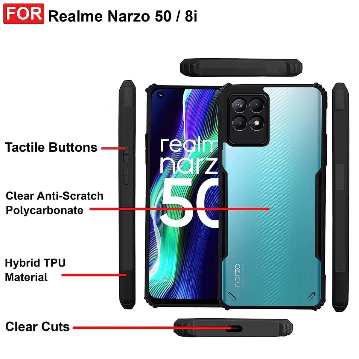 Back Case Cover for Realme Narzo 50 4G / Realme 8i Back Case Cover | Clear Case with Camera Protection | (TPU + PC | Matte Black) Eagle